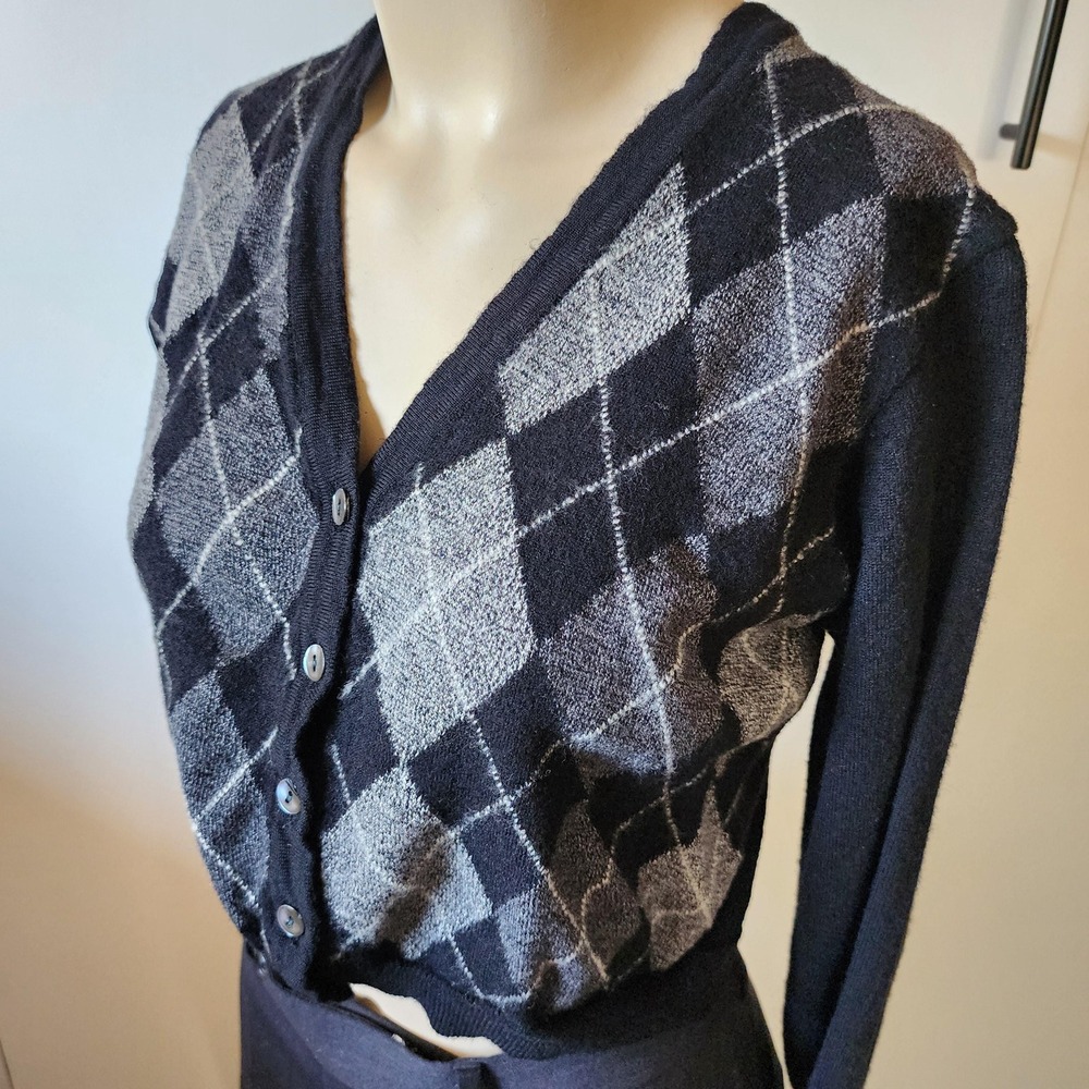 Talbots Vintage 90s Argyle Cropped Cardigan Wool Black Gray Preppy Petite S